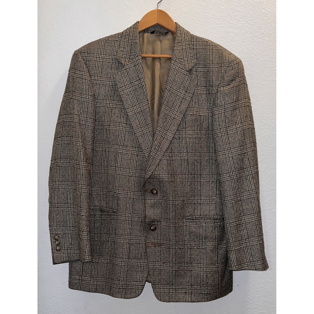 Vito Rufolo Men's Wool Silk Glen Plaid Blazer Made In Italy 41R Brown Grey